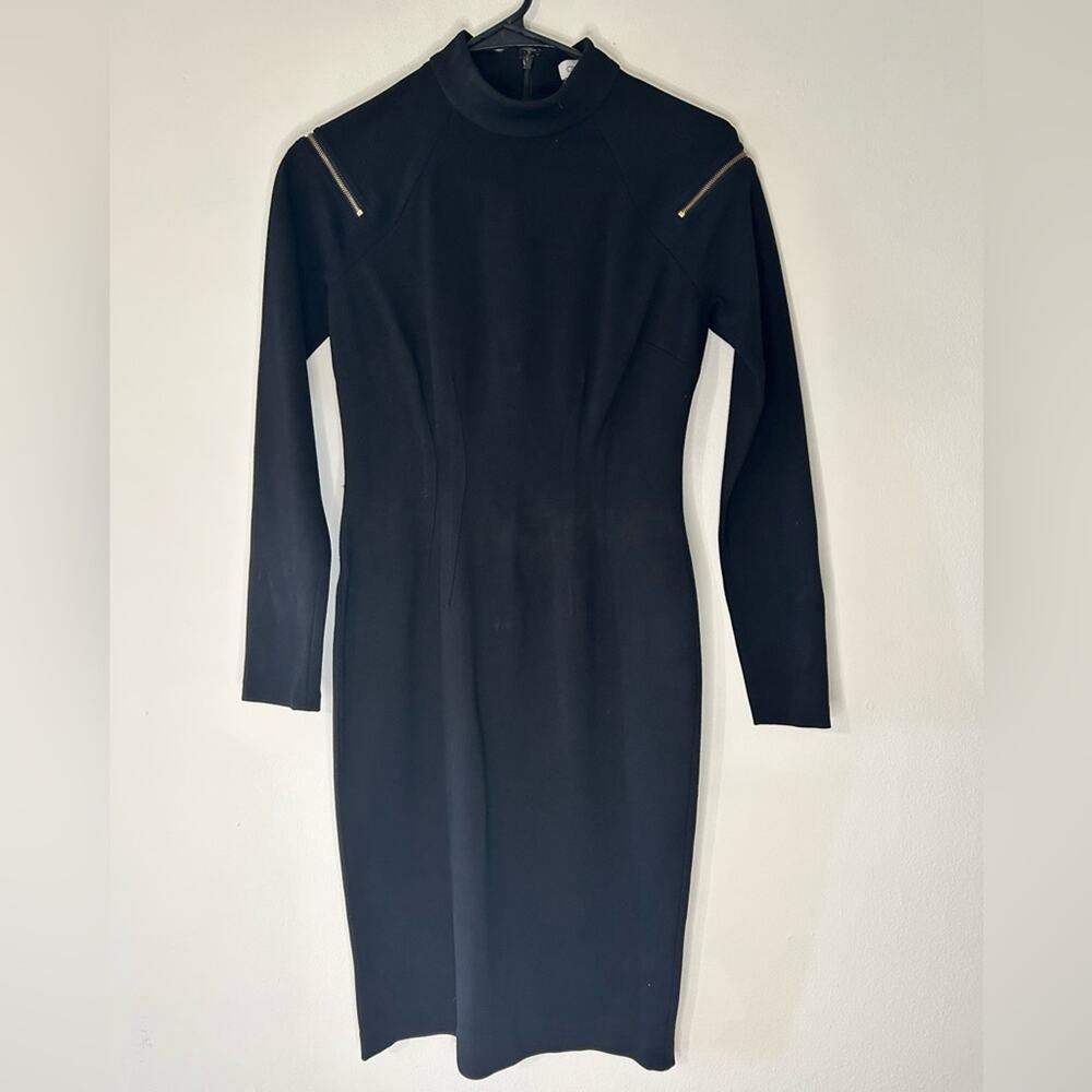 Vintage Y2K Cache’ black bodycon gold zippers ponte stretch knit dress. 0/XS